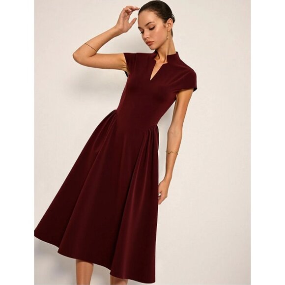 Commense Dresses & Skirts - Commense Cap Sleeved Keyhole Neckline Flared Burgundy Midi Dress NWT, Size M